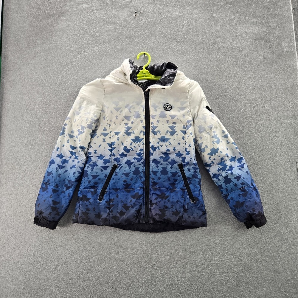 American Eagle Outfitters Women Jacket S Blue Puffer Geometric Logo Zipper Down